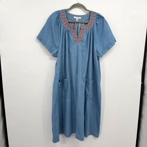 Vintage Go Softly Chambray House Dress Lounge Kaftan Size XL Cottagecore Prairie